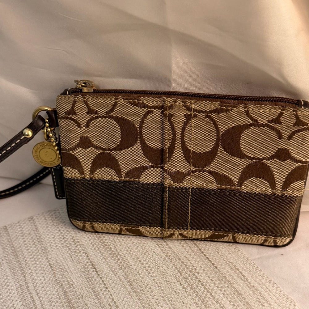 Coach Signature Brown and Tan Small Wristlet 40068